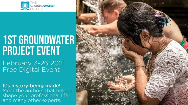 Promotional banner for the 1st Groundwater Project Event, February 3-26 2021, featuring a young girl drinking water from a stream with the text 'It's history being made!' and event details