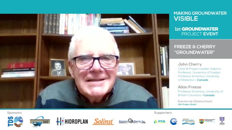 John Cherry speaking at the 1st Groundwater Project Event titled 'Making Groundwater Visible,' with Allan Freeze and Everton de Oliveira as hosts, featuring sponsor logos at the bottom