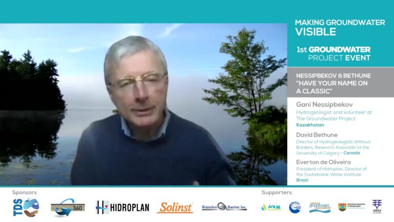 David Bethune speaking at the 1st Groundwater Project Event titled 'Making Groundwater Visible,' with Gani Nessipbekov and Everton de Oliveira, featuring sponsor logos at the bottom