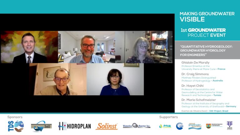 Panel discussion at the 1st Groundwater Project Event titled 'Quantitative Hydrogeology: Groundwater Hydrology for Engineers,' featuring Ghislain De Marsily, Dr. Craig Simmons, Dr. Hayet Chihi, Dr. Maria Schafmeister, and host Everton de Oliveira, with sponsor logos at the bottom.