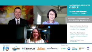 Leanne Murdie Austrins, Ying Fan-Reinfelder, and Everton de Oliveira speaking at the 1st Groundwater Project Event titled 'Making Groundwater Visible,' with sponsor logos at the bottom