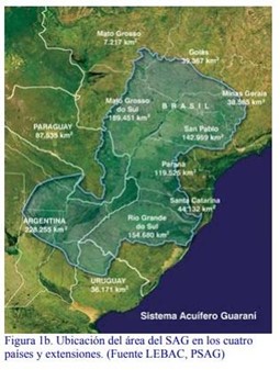 Map showing the Guaraní Aquifer System (Sistema Acuífero Guaraní) across Brazil, Paraguay, Argentina, and Uruguay with marked regions and water sources