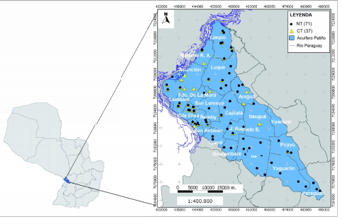 Detailed map of Paraguay highlighting the Patiño Aquifer and Rio Paraguay, with various cities and towns marked, including Asunción, Limpio, Luque, and San Lorenzo