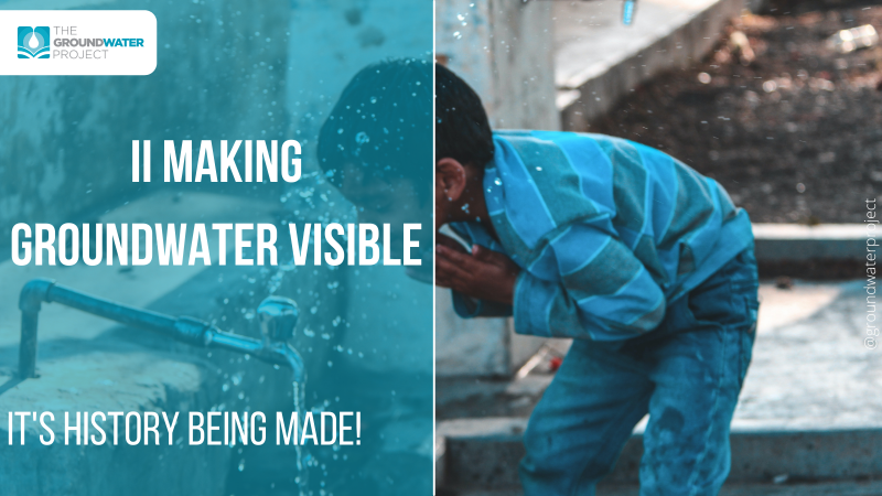 Young boy drinking water from a tap with text overlay 'The Groundwater Project: Making Groundwater Visible - It's History Being Made!