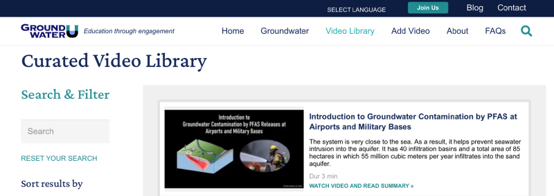GroundwaterU curated video library page showing a video titled 'Introduction to Groundwater Contamination by PFAS at Airports and Military Bases