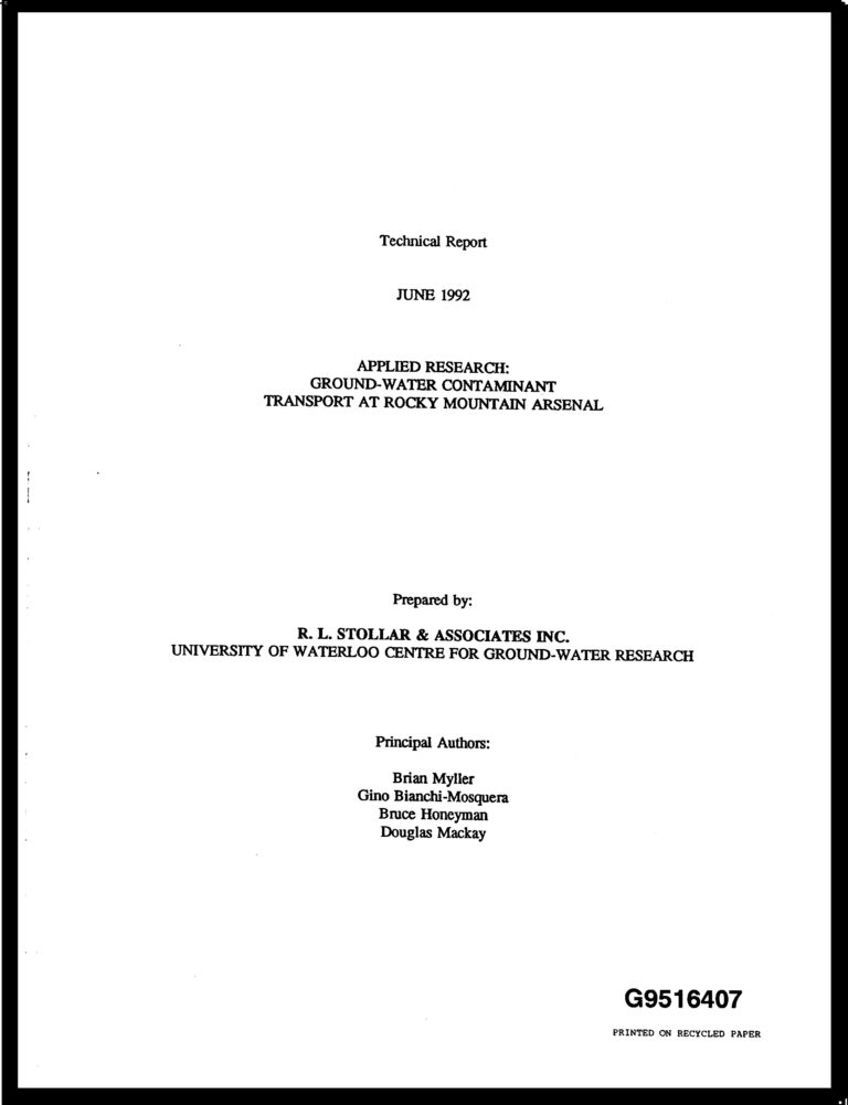 cover page technical rpt. appliedr contaminant transport at rma